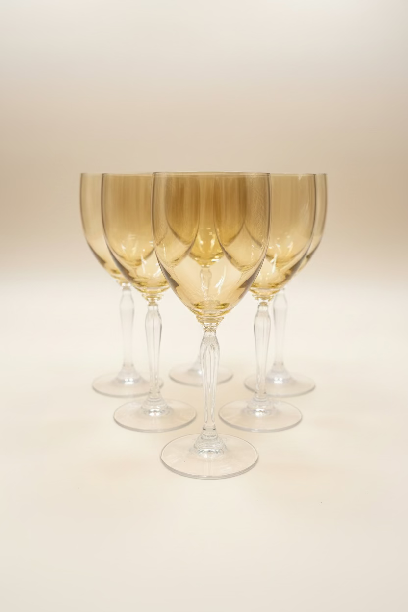 Set of 6 Pier 1 P1C1 amber blown glass water goblets with clear stems in excellent condition on an invory background. 