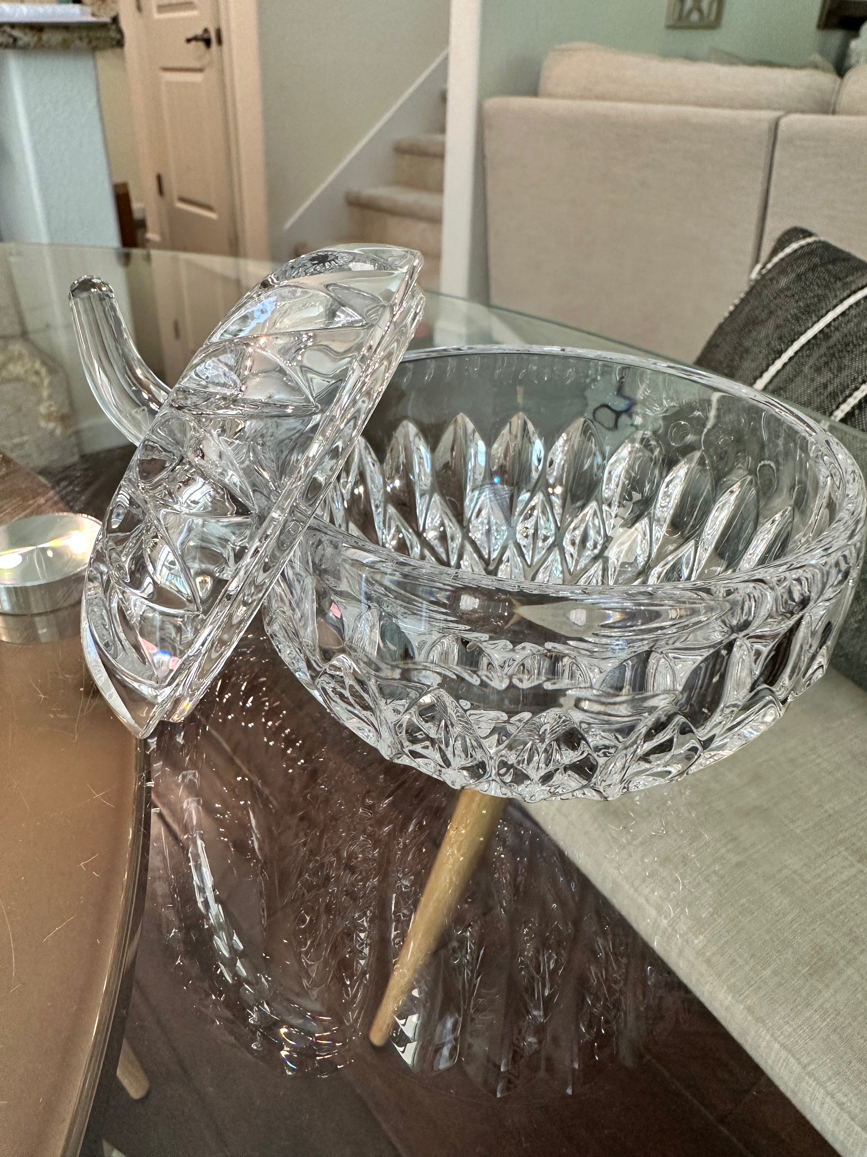 Open vintage Gorham crystal apple dish showing the interior and matching lid
