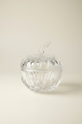 Vintage Gorham lead crystal apple candy dish with lid in discontinued Althea pattern, on an ivory background. 