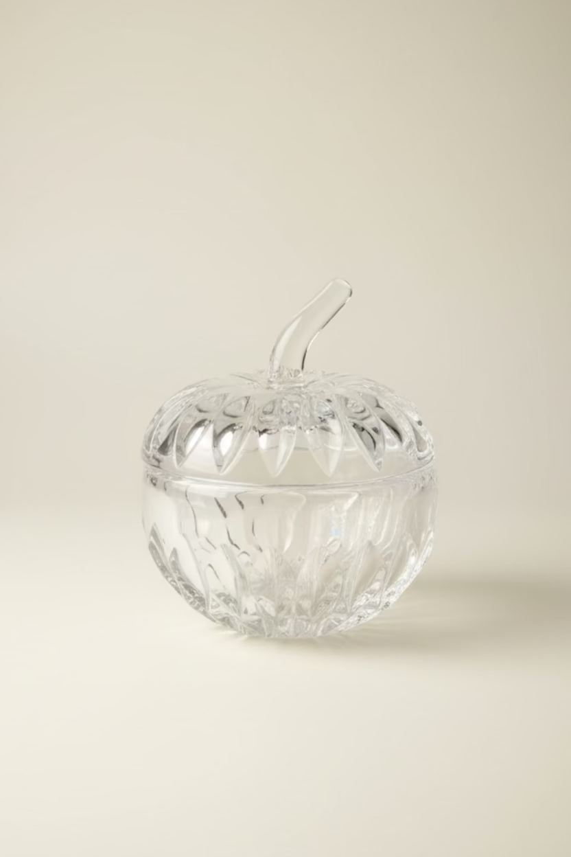 Vintage Gorham lead crystal apple candy dish with lid in discontinued Althea pattern, on an ivory background. 