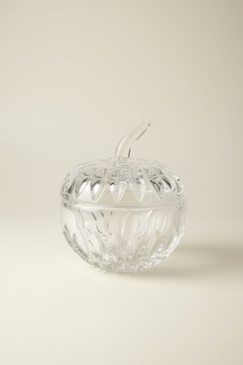 Vintage Gorham lead crystal apple candy dish with lid in discontinued Althea pattern, on an ivory background. 
