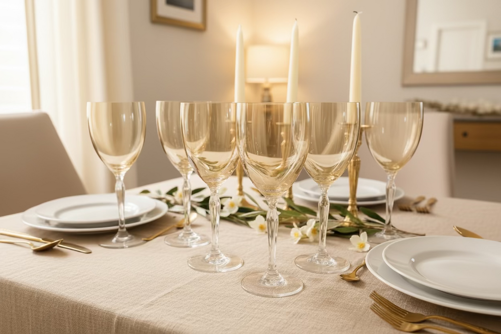 Pier 1 P1C1 amber water goblets on an elegant table setting in a warm, netural dining room. 