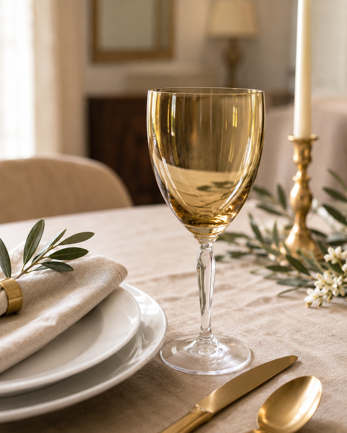 Pier 1 P1C1 water goblet as single place setting styled on a dining room table in a soft, warm, neutral dining room environment.