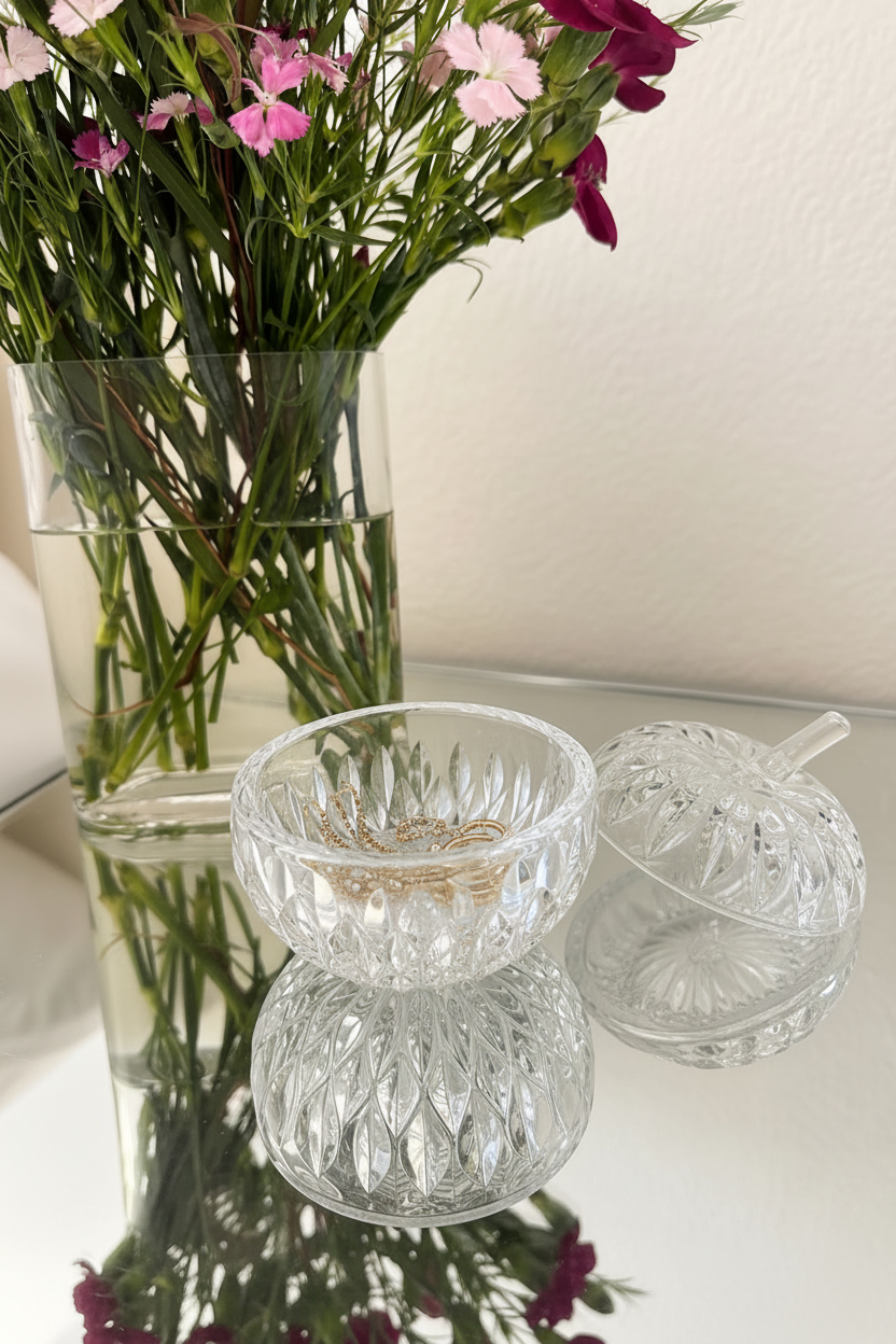 Gorham Crystal Apple jewelry dish with jewelry in it on a mirrored table. 