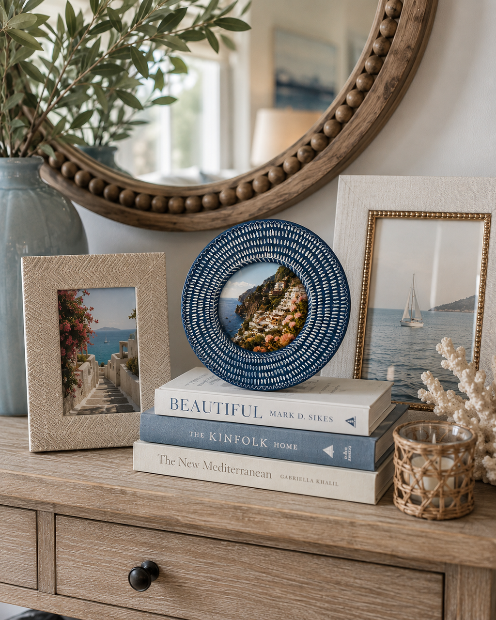 Cynthia Rowley Round Blue & White Patterned 4x4 Tabletop Picture Frame
