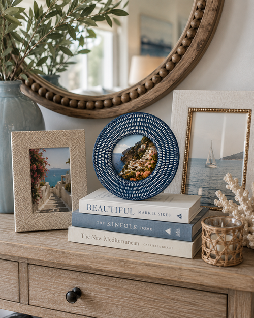 Cynthia Rowley Round Blue & White Patterned 4x4 Tabletop Picture Frame