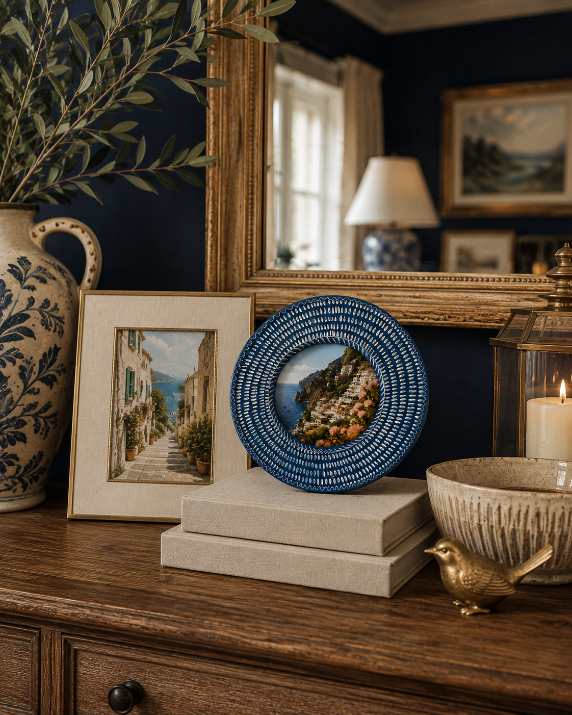 Cynthia Rowley Round Blue & White Patterned 4x4 Tabletop Picture Frame