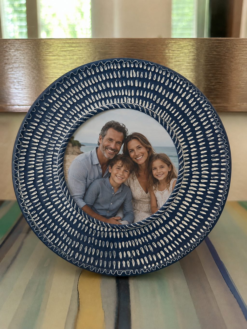 Cynthia Rowley Round Blue & White Patterned 4x4 Tabletop Picture Frame